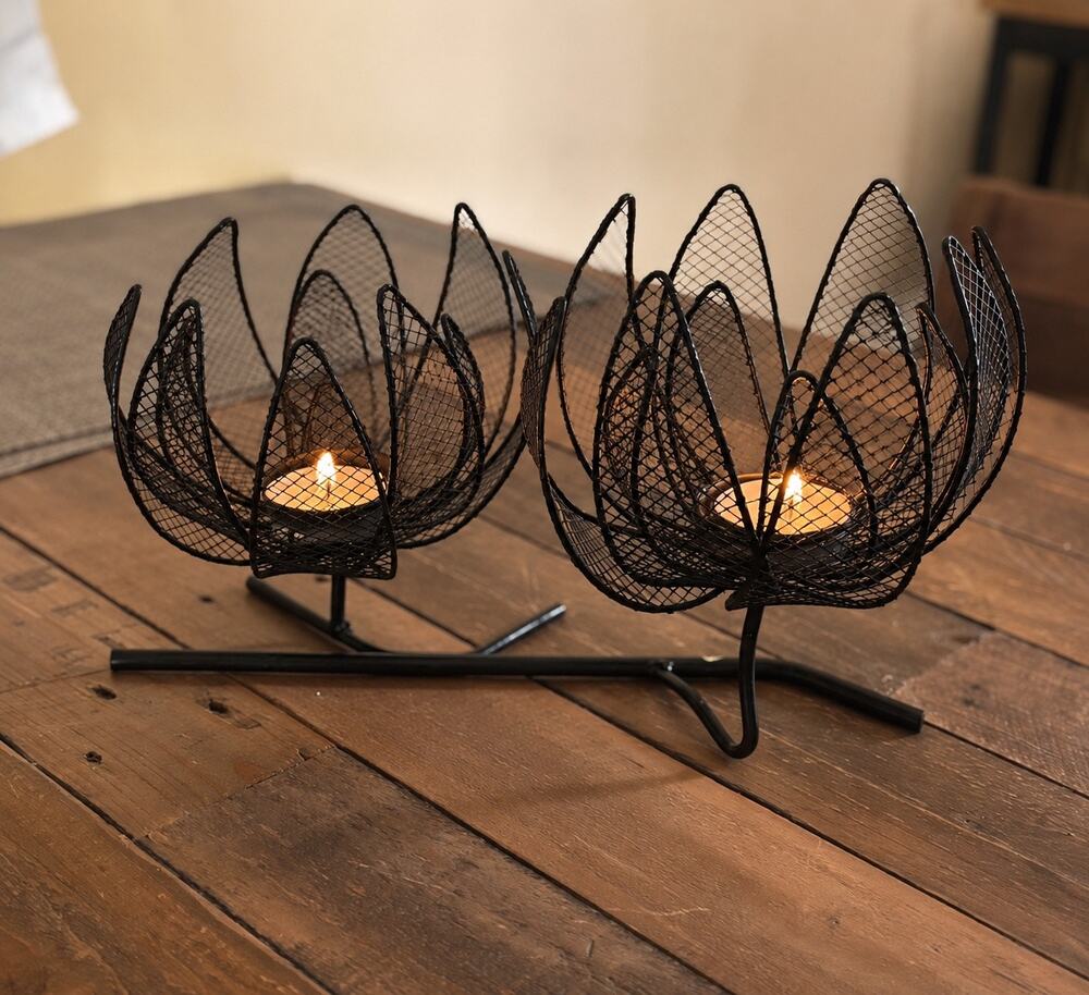 Black Metal Wire Lotus Flower Double Tealight Candle Holder – Centerpiece